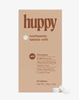 huppy toothpaste tablets refill packaging with two tablets on a white background