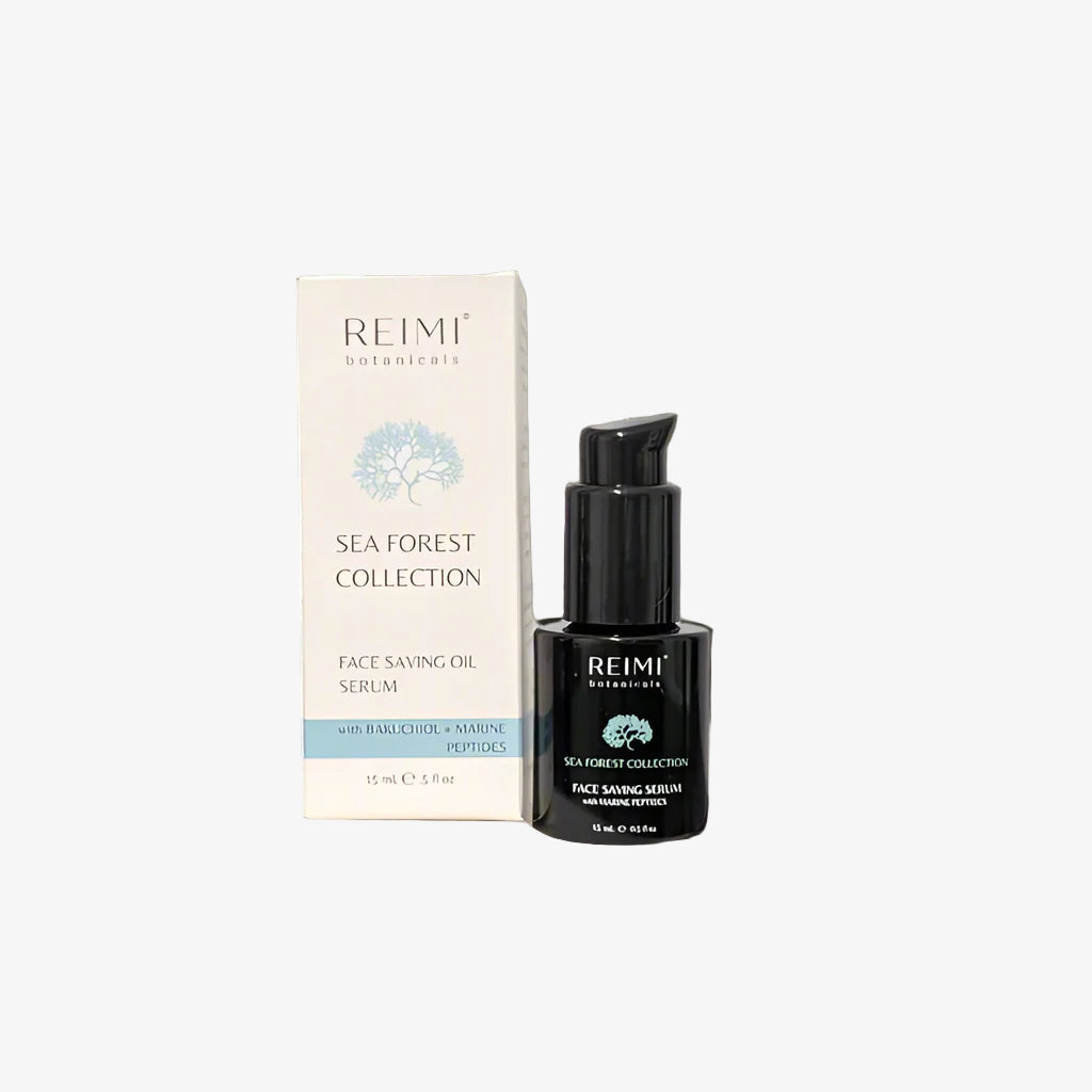 REIMI Sea Forest Collection face serum bottle and packaging on a gray background